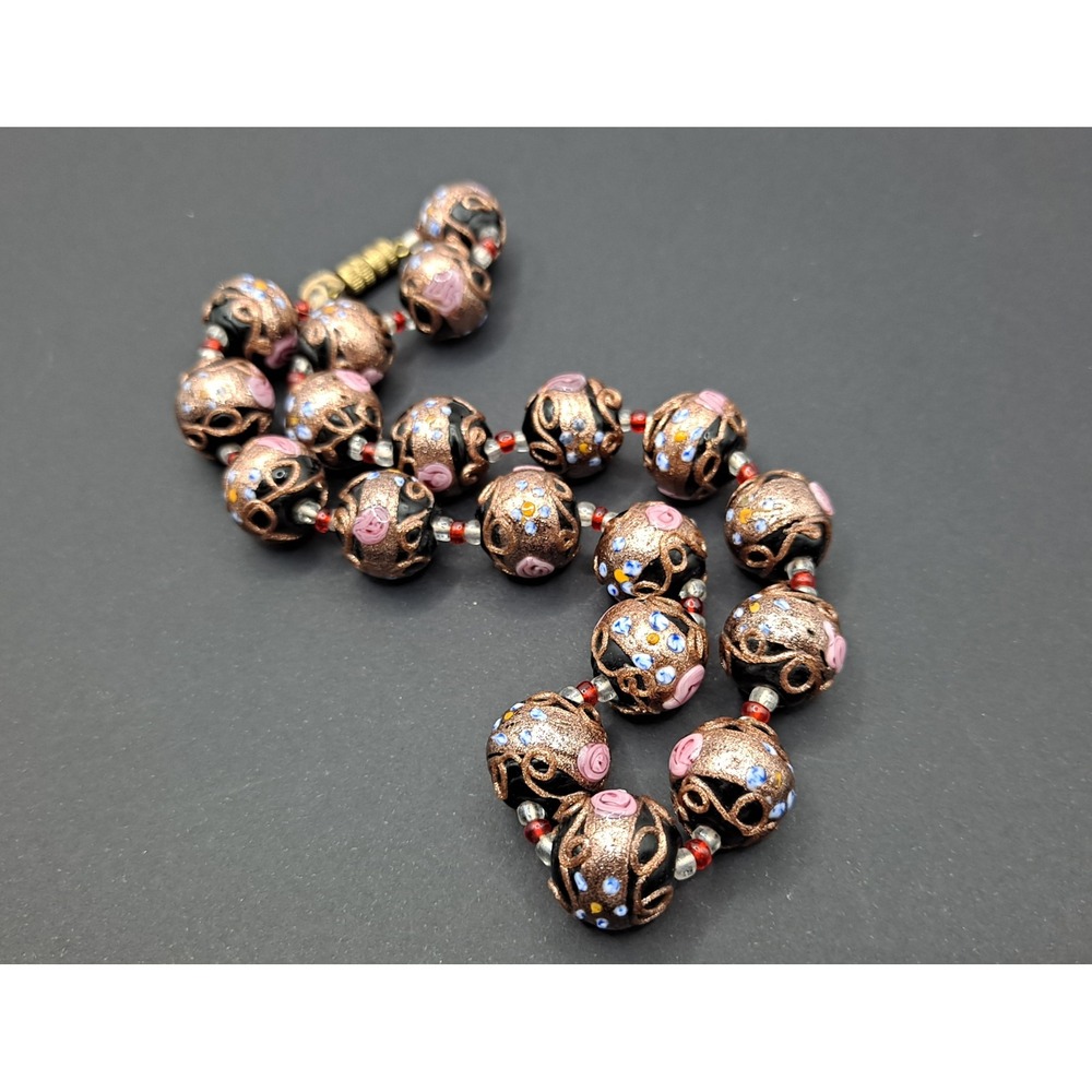 Vintage Wedding Cake Bead Necklace Millefiori Glass Goldtone Black Pink 15" READ - Picture 12 of 14